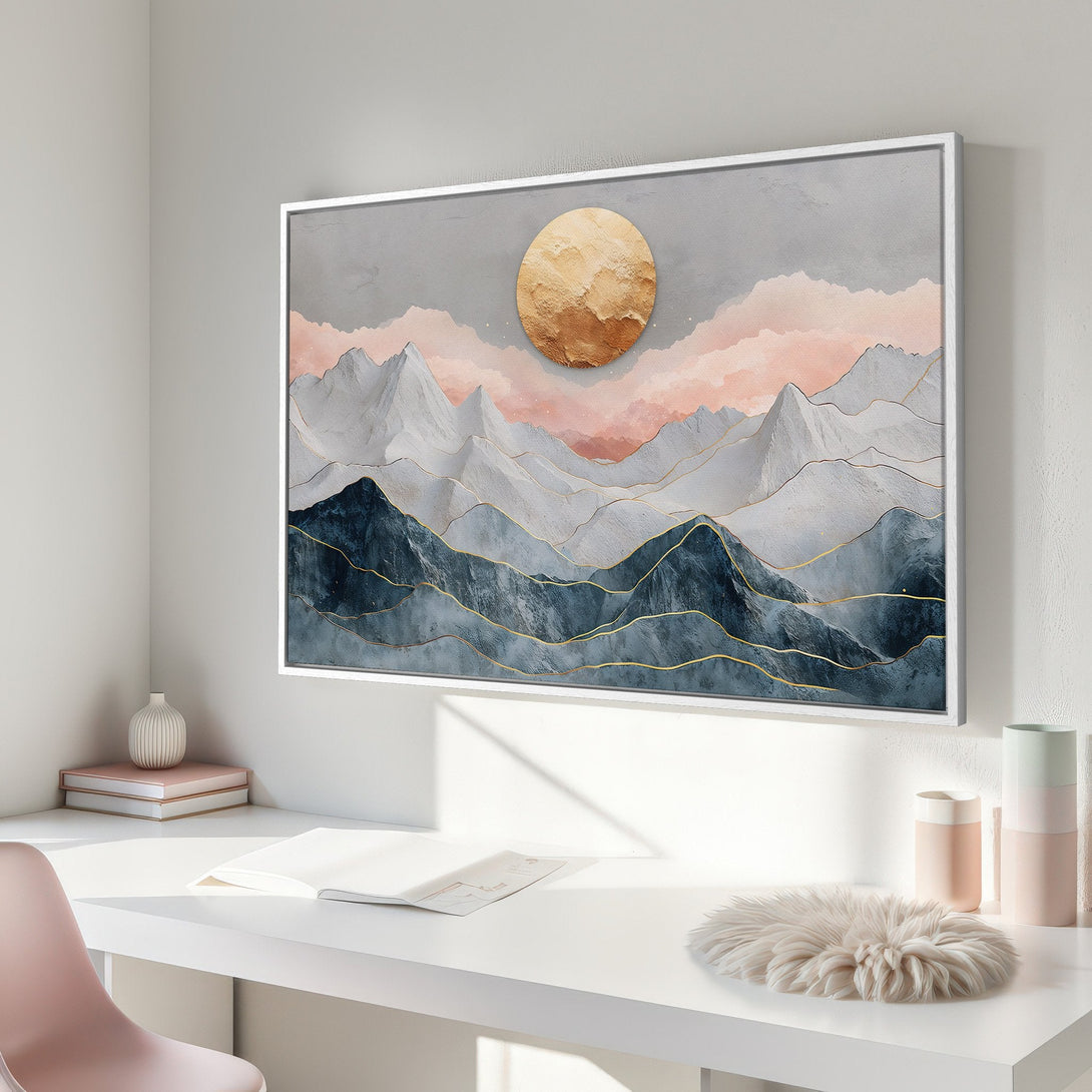 Framed Wall Art: Abstract mountain landscape canvas print with gold accents, in a modern style with a calming gray, blue, and blush color palette.