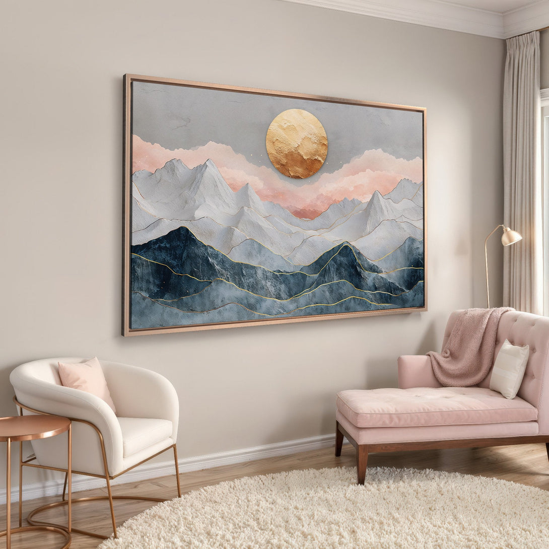 Framed Wall Art: Abstract mountain landscape in muted blues, pinks, and gold. Modern art canvas print adds elegance to any interior.