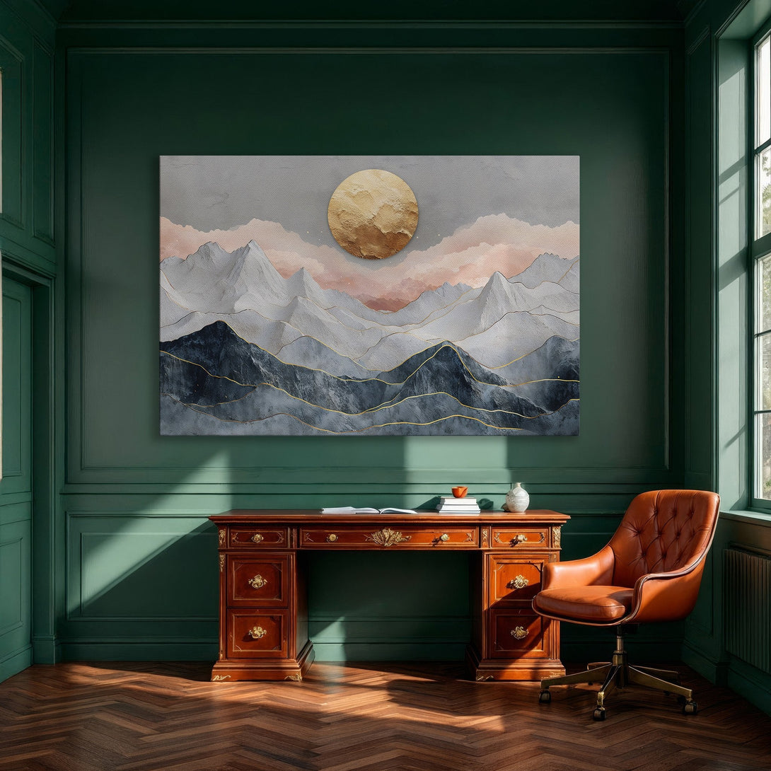 Framed Wall Art: Abstract mountain landscape canvas print with gold accents, in a modern interior. Features a calming gray, blue, and pink color palette.