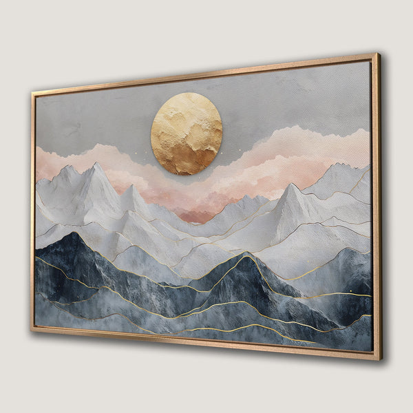Framed Wall Art: Abstract mountain landscape with gold accents and a gold sun, in a muted blue, gray, and gold color palette. Perfect for modern decor.