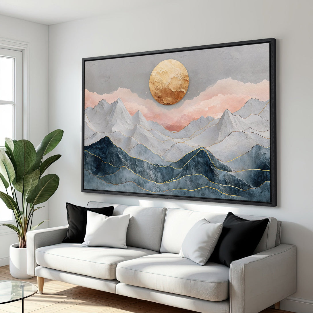 Framed Wall Art: Abstract mountain landscape Canvas Print with gold accents, featuring a modern style and a calming grey, blue, and pink color palette.