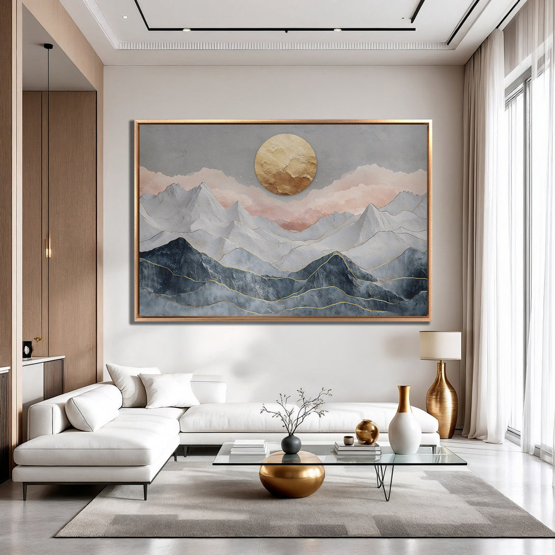 Framed Wall Art featuring a mountain landscape with a gold sun, in a modern style. Soft gray, blue, and blush color palette. Perfect for living room decor.