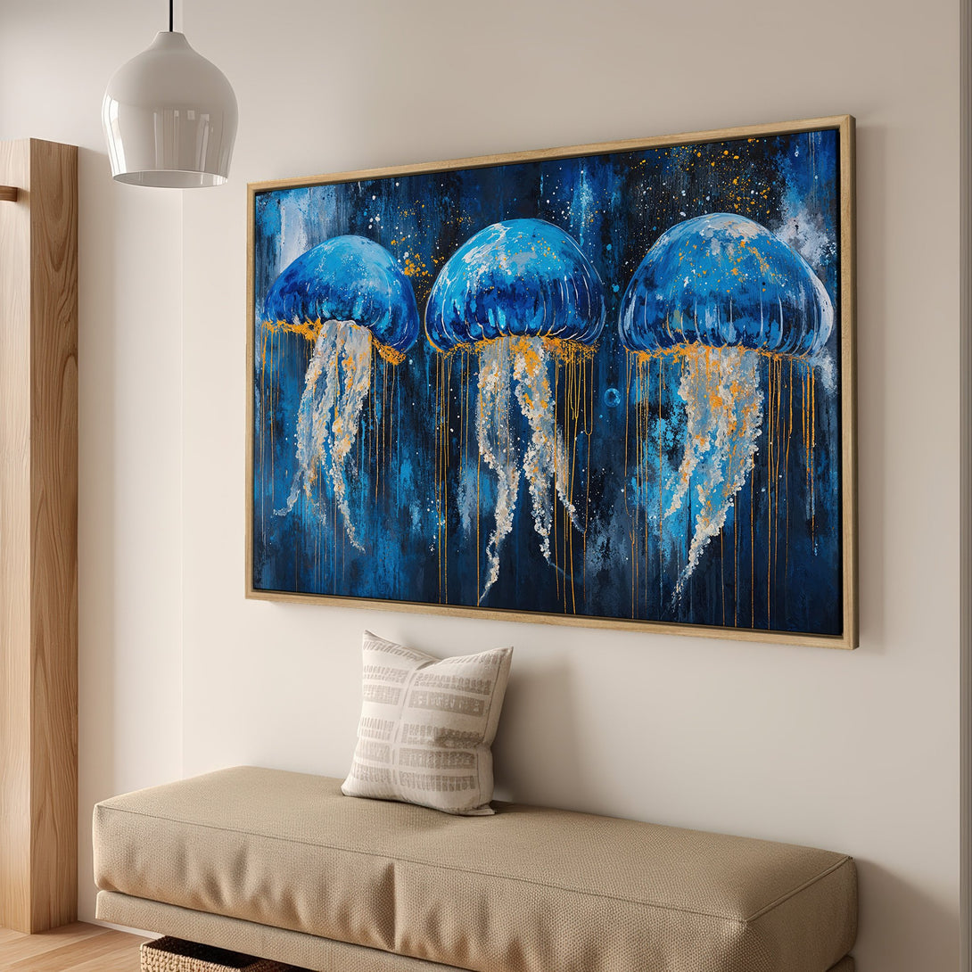 Framed Wall Art: Abstract jellyfish painting in blue and gold hues. Modern art print for coastal decor. Add a splash of ocean art to your home!