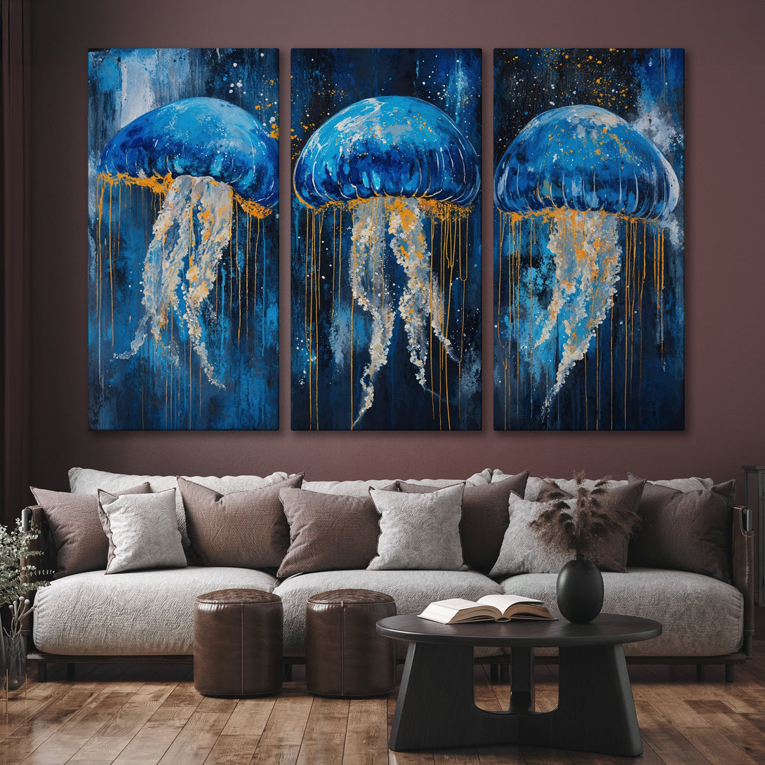 Canvas Print of abstract blue jellyfish art with gold accents, displayed in a modern living room. Adds a splash of color!