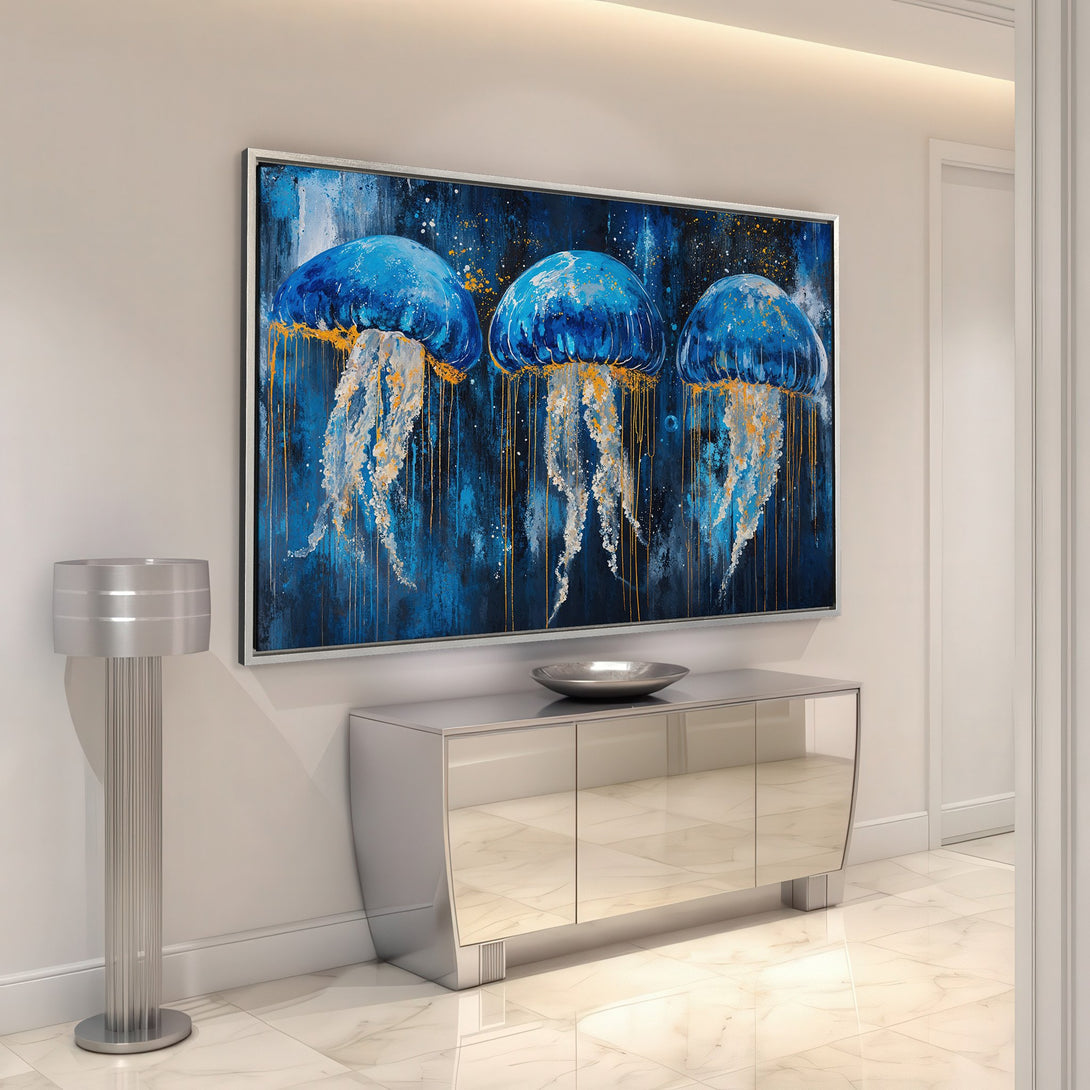 Framed Wall Art: Abstract jellyfish canvas print in blue and gold, perfect for modern home decor. Shop now for stunning wall art!