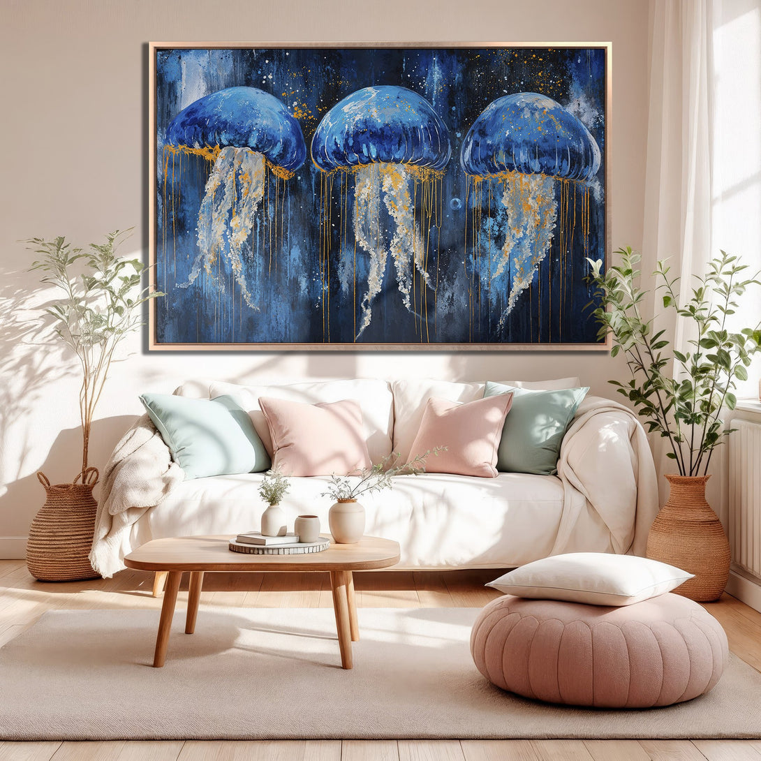 Framed Wall Art: Abstract blue jellyfish painting with gold accents. Modern canvas print adds coastal flair to any living room.
