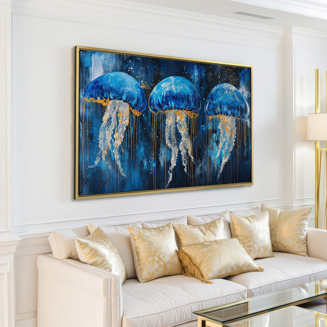 Canvas Print of abstract blue jellyfish art, perfect for modern decor. Features a blue, gold, and white color palette.
