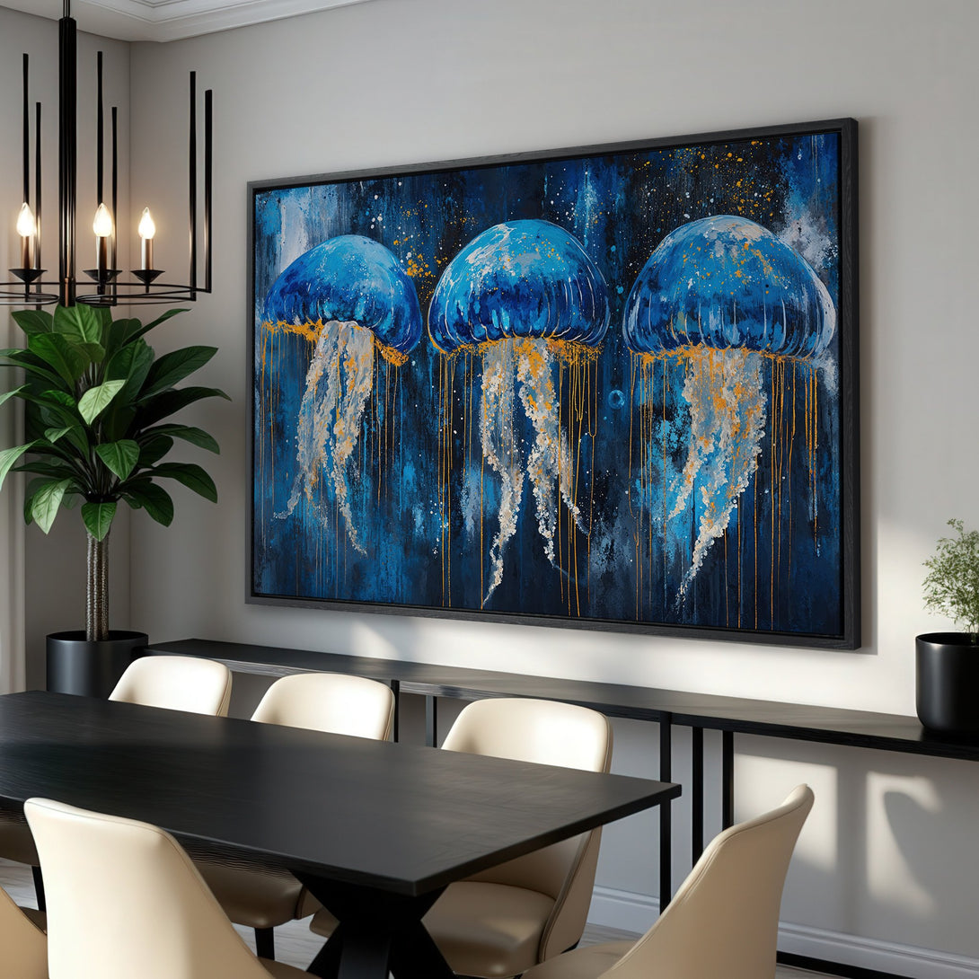 Framed Wall Art: Abstract jellyfish painting in blue and gold, adding a modern touch to a dining room. Perfect for coastal decor!