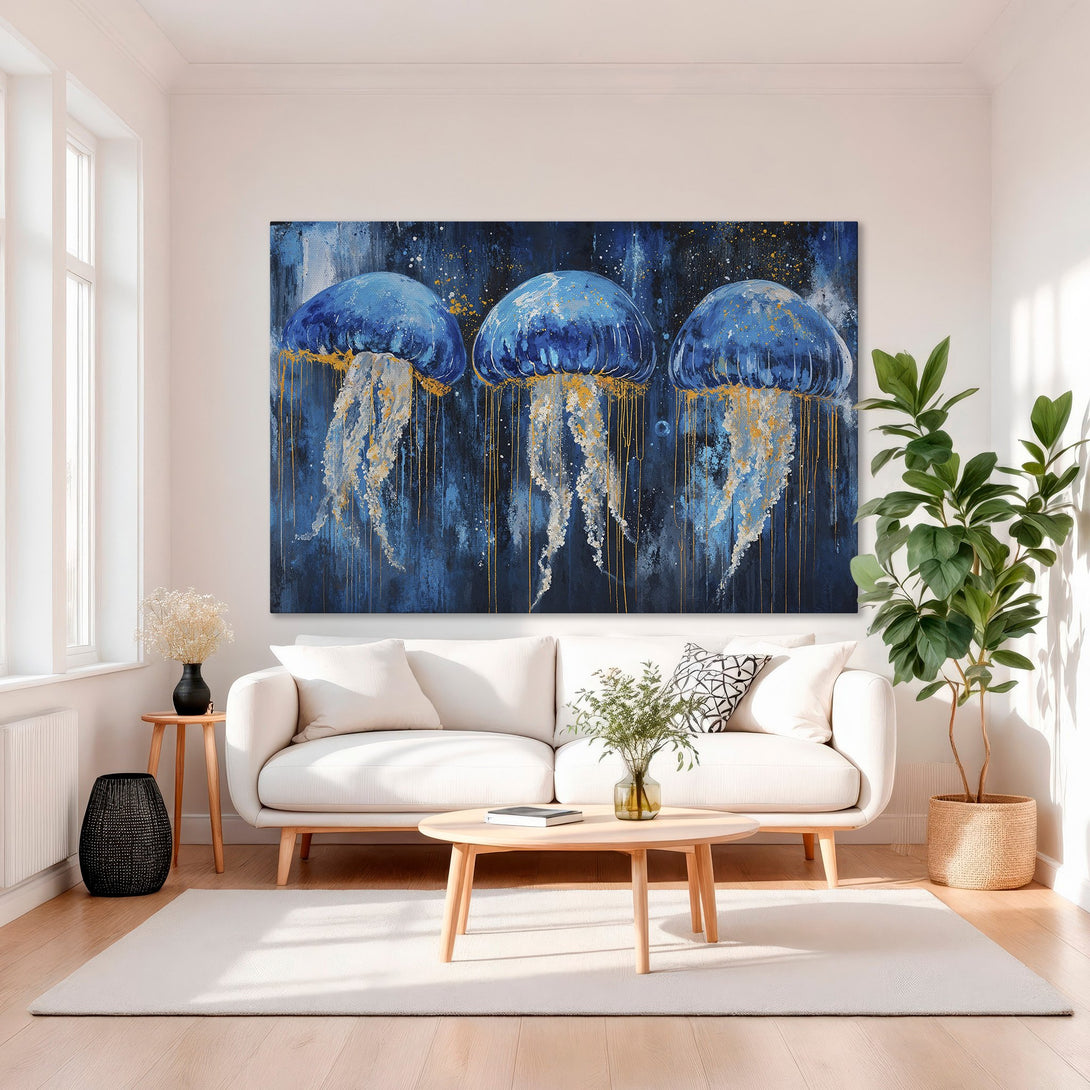 Framed Wall Art: Abstract jellyfish painting in blue and gold. Modern canvas print adds elegance to any interior. Shop now!