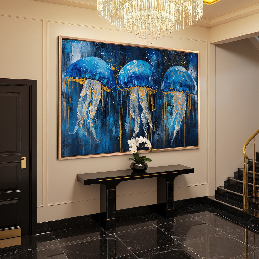 Framed Wall Art: Abstract jellyfish art in blue and gold, perfect for modern interiors. Elevate your space with this stunning canvas print.