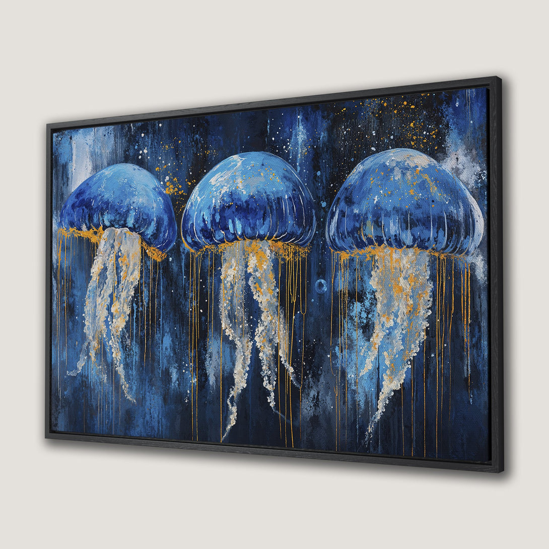 Framed Wall Art: Abstract blue jellyfish painting with gold accents. Modern art Canvas Print in a dark blue and gold palette.