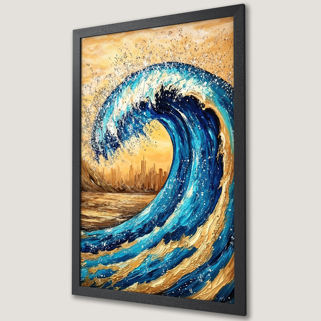 Framed Poster featuring a vibrant ocean wave painting in blue, gold, and beige. Perfect wall art for your home!