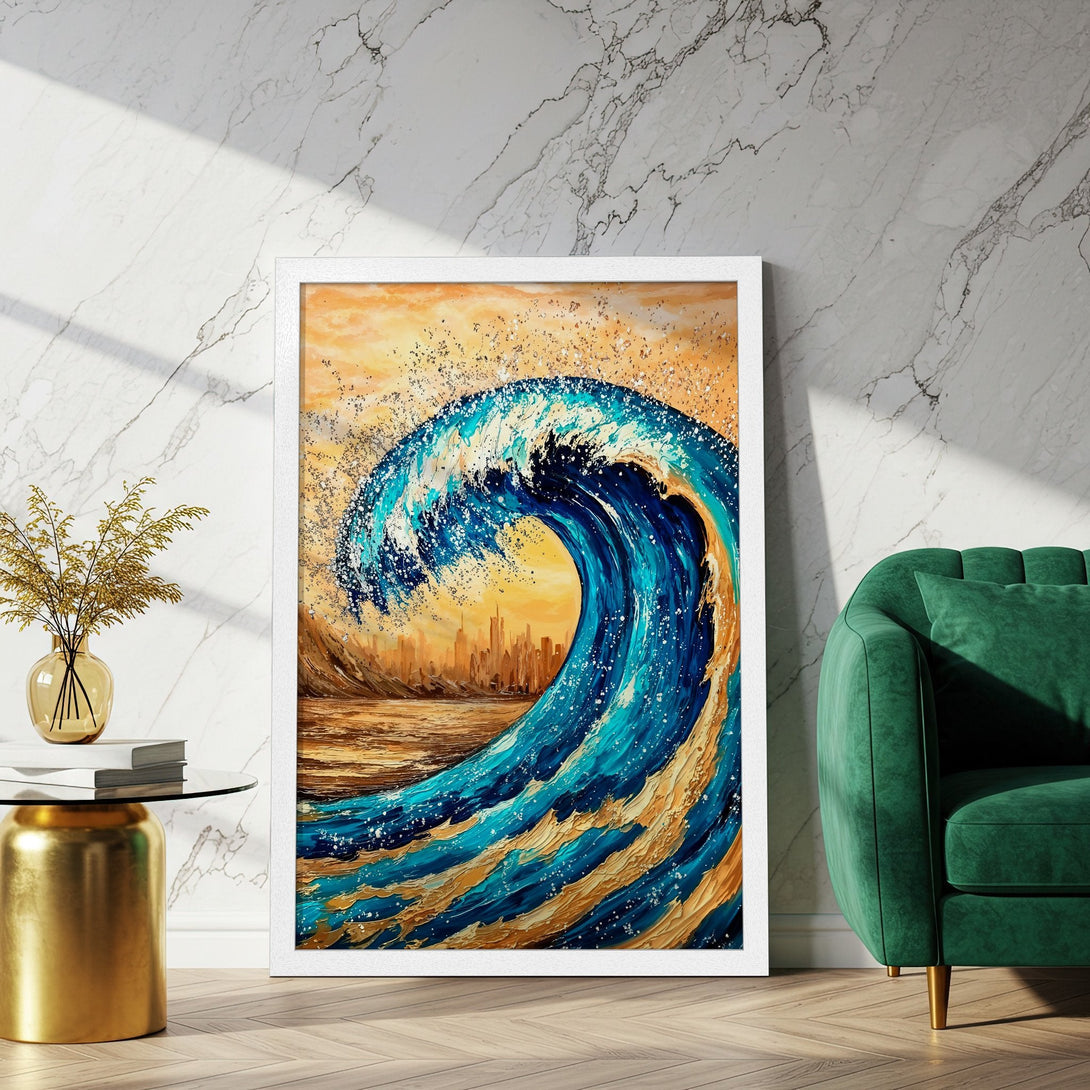 Framed Poster of a vibrant wave art print. Features blue, gold, and orange color palette. Perfect wall decor for any space.
