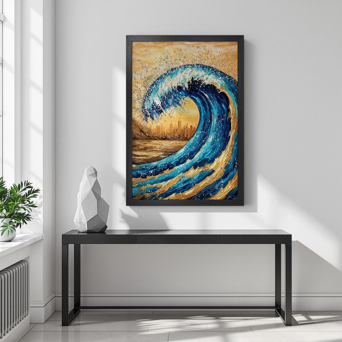 Framed Poster featuring a vibrant wave painting with blue, gold, and yellow hues. Perfect wall art to elevate your home decor!