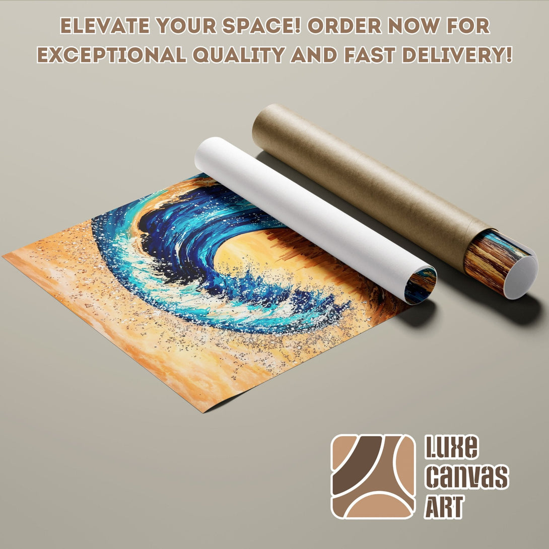 Abstract wave art Poster Roll in blue, gold, and brown tones. Elevate your space!