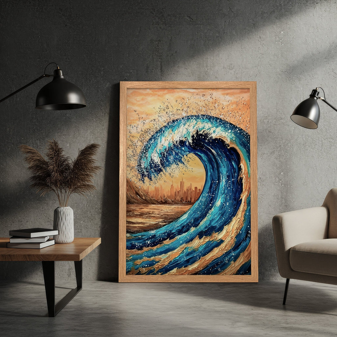 Framed Poster featuring a stylized wave in blue and gold hues, perfect for coastal decor. Adds a touch of art to any space.