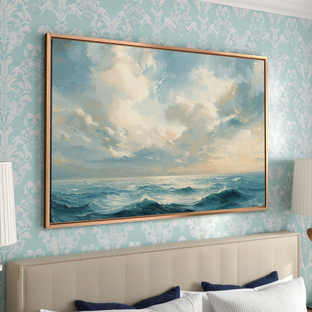 Framed Wall Art: Ocean waves painting in a classic style with a calming blue and beige color palette. Perfect for adding a touch of serenity to your home.