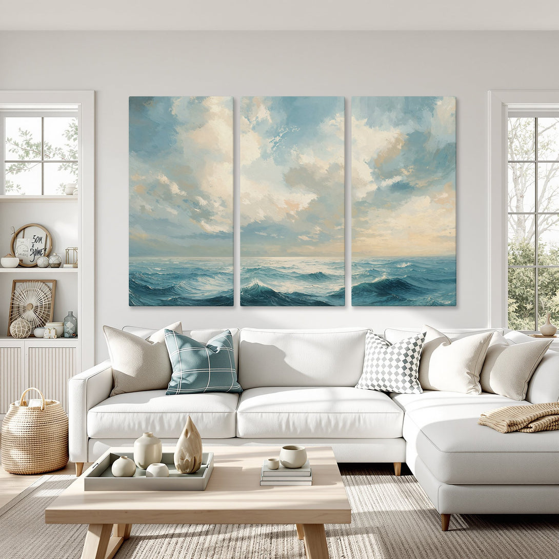 Canvas Print of ocean waves in a calming blue and beige palette, perfect for coastal decor. Enhance your living room with this beautiful artwork!