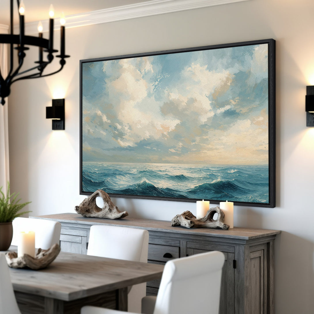 Framed Wall Art: Serene ocean landscape Canvas Print in blue & beige tones. Coastal art for living room or dining room decor.