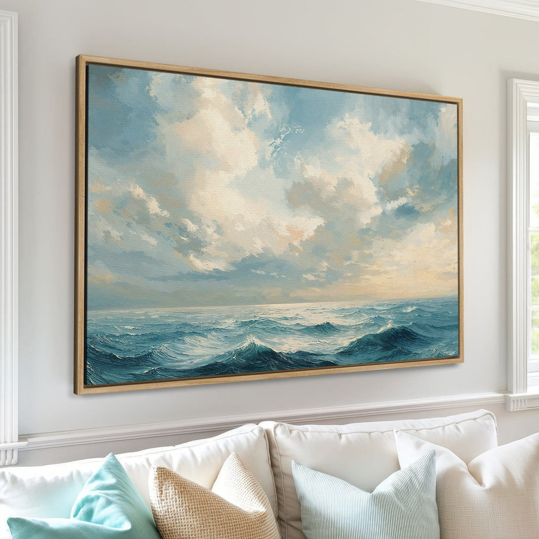 Framed Wall Art of ocean waves in a serene, impressionistic style. Blue, white, and beige color palette adds a calming touch to any space.