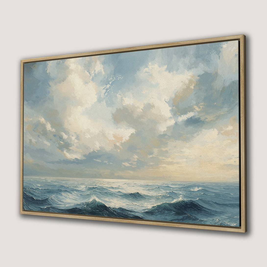 Framed Wall Art featuring a seascape painting in a vintage style, with a blue and beige color palette. Perfect for coastal decor!