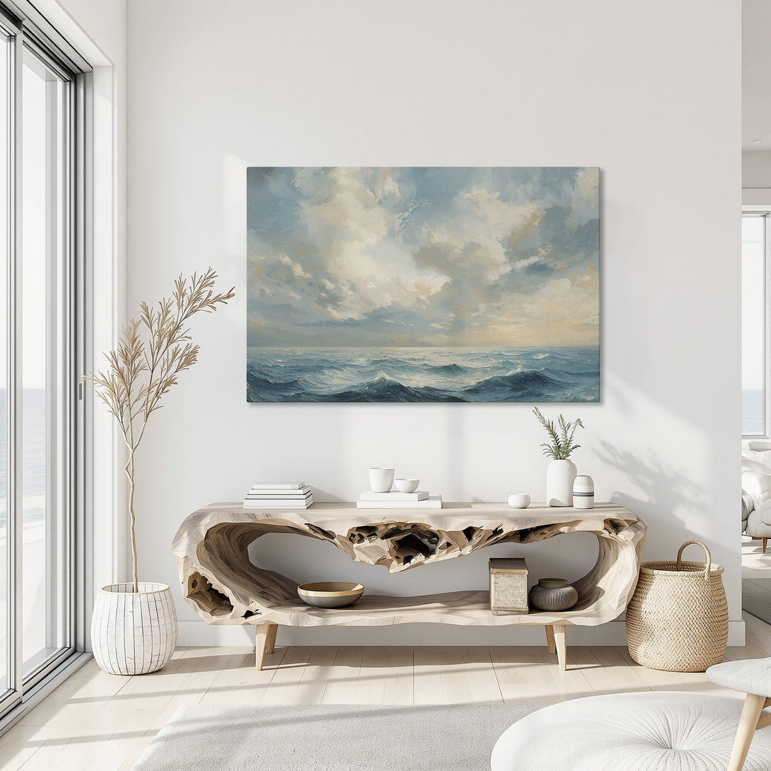 Framed Wall Art of ocean waves in a coastal interior. Blue, beige, and gold color palette. Enhance your space with this stunning Canvas Print.