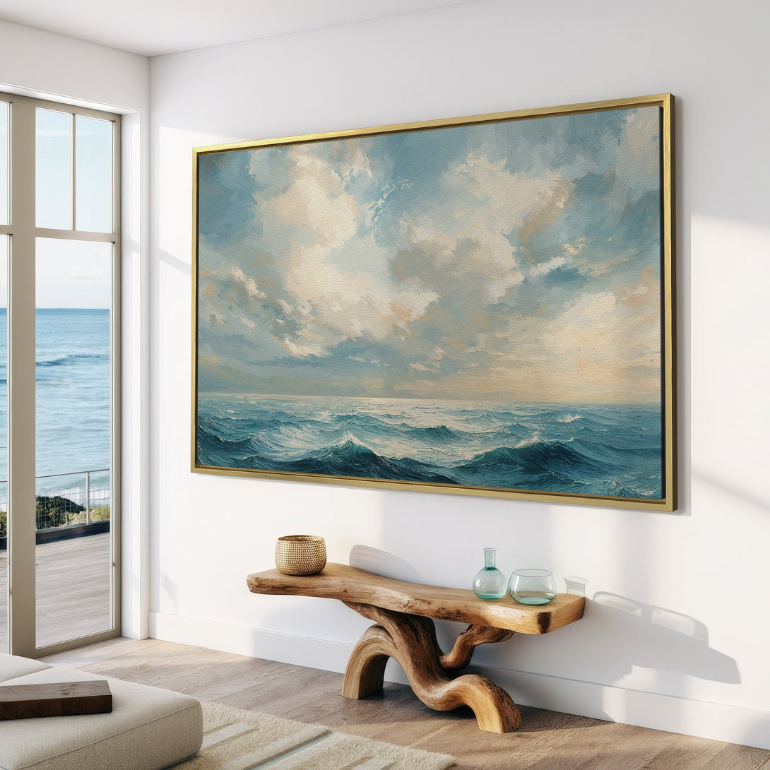 Canvas Print of an ocean scene in a coastal interior. Features a calming blue and beige color palette. Perfect for adding a touch of serenity.