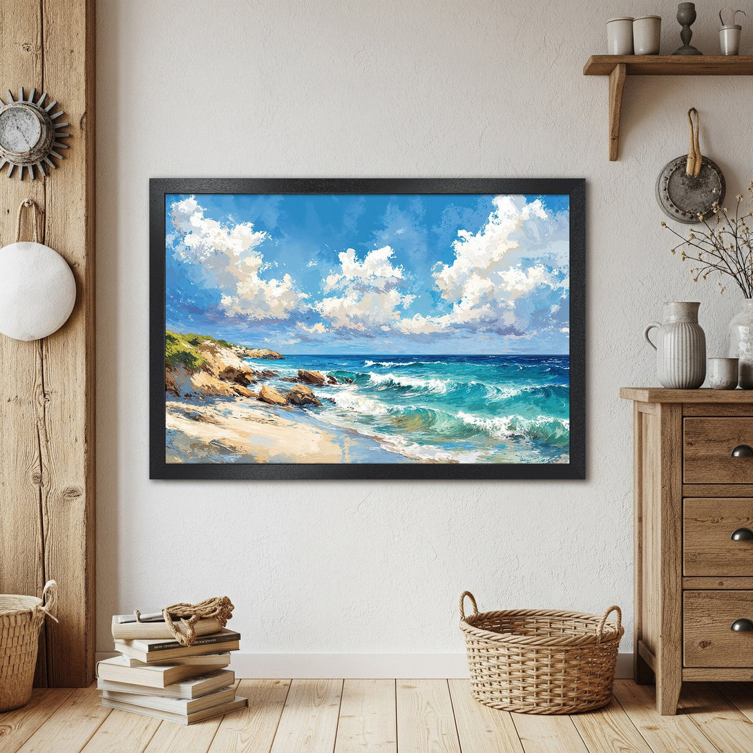 Framed Poster of a vibrant beach scene, impressionist style with blue, turquoise, and white hues. Perfect coastal wall art for your home.