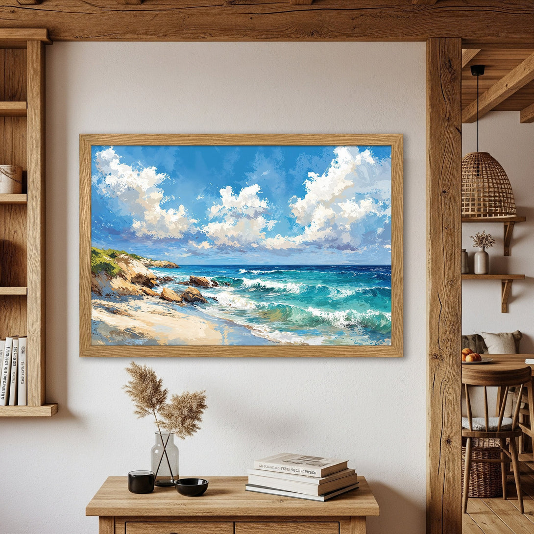 Framed Poster of a vibrant beach scene with blue, turquoise, and white hues. Coastal artwork in a wooden frame, perfect for home decor.