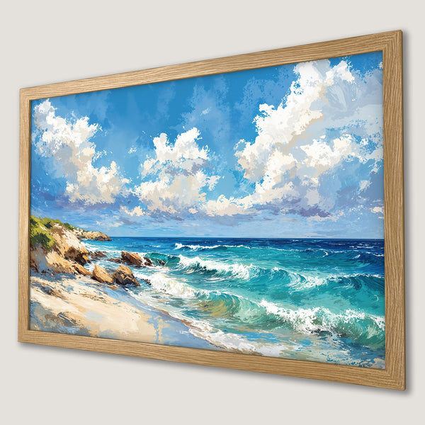 Framed Poster of a beach scene with vibrant blue and turquoise tones. Coastal art perfect for your home!