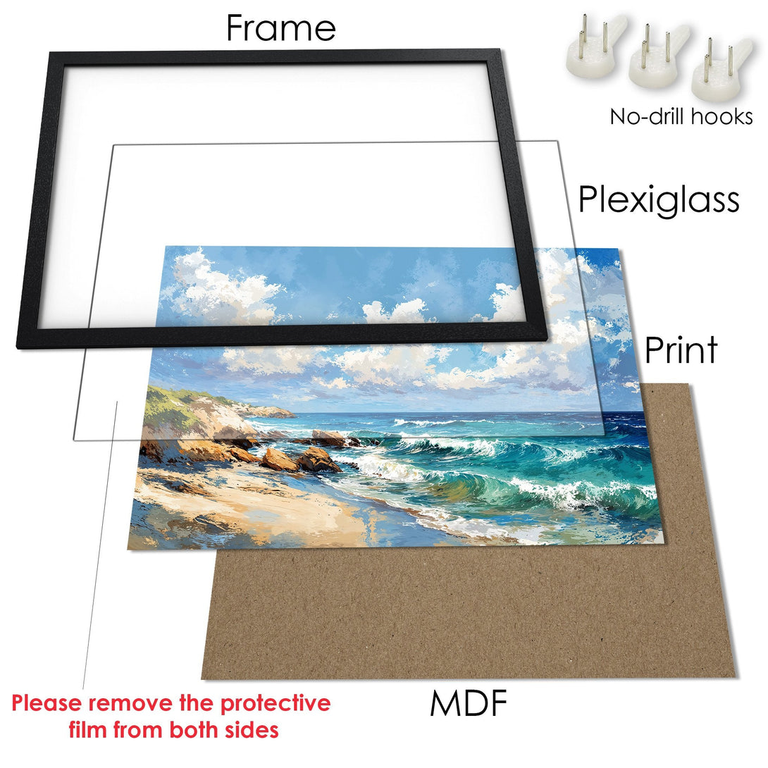 Framed Poster of a beach scene with a blue and turquoise color palette. Coastal art print ready to hang.