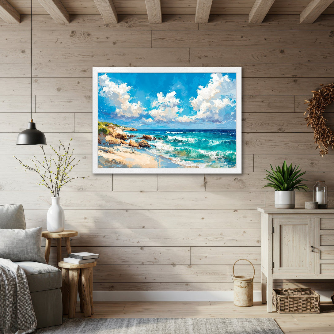 Framed Poster of a vibrant beach scene. Impressionistic style with blue, turquoise, and white color palette. Perfect coastal wall art.