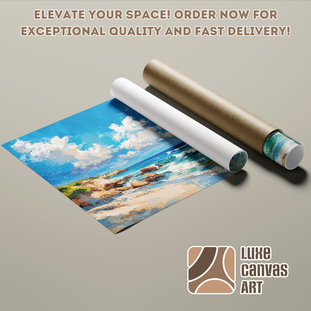 Ocean landscape Poster Roll, vibrant blue and earth tones, perfect for home decor.