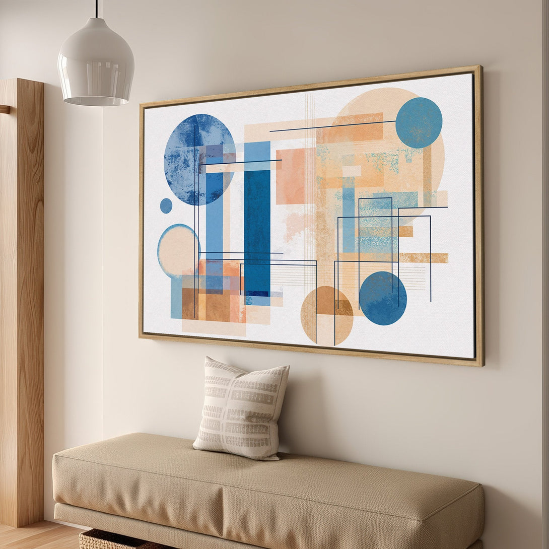 Abstract Canvas Print in blue, peach, and tan tones. Modern geometric art for your home decor.