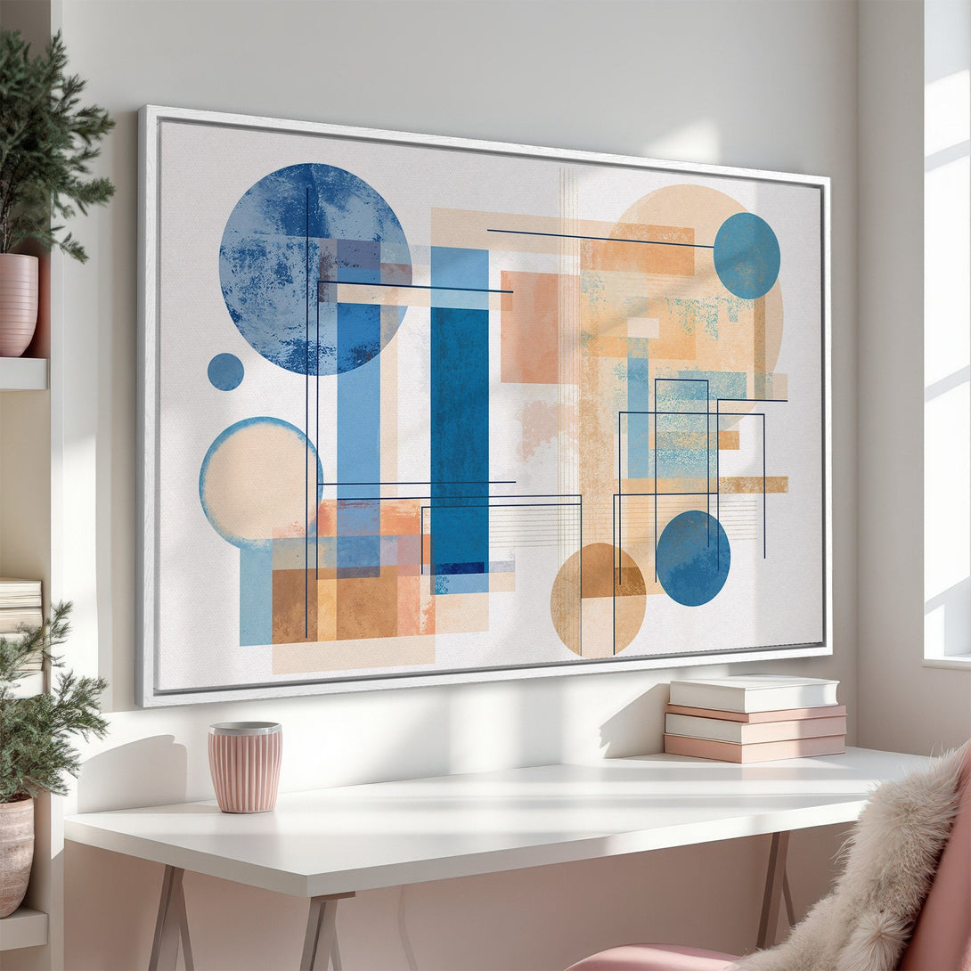 Framed Wall Art: Modern abstract art print with geometric shapes in blue and peach tones. Perfect for adding a touch of style to any space.
