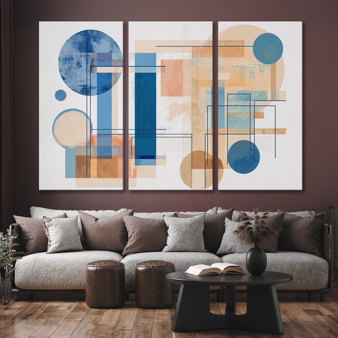 Abstract Canvas Print triptych in geometric style, featuring blue, peach, and tan color palette. Modern wall art for home decor.