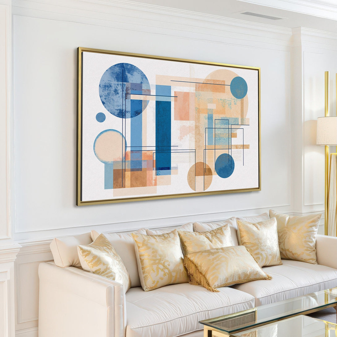 Abstract Canvas Print in a modern living room. Geometric design with blue, beige, and brown tones. Perfect wall art for a stylish interior.