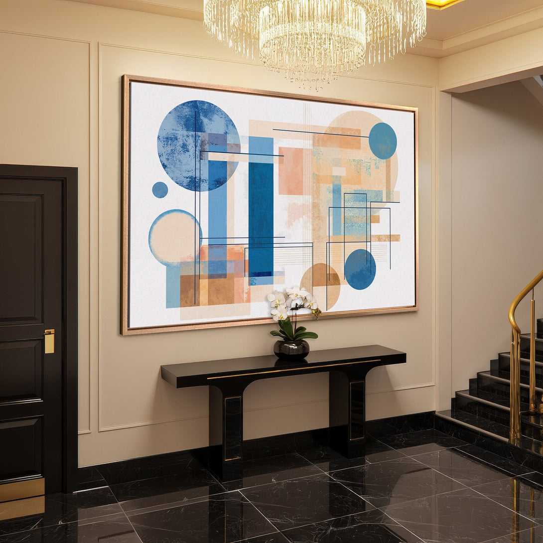 Framed Wall Art featuring an abstract geometric design in blue, beige, and brown tones. Modern art for luxury home decor.