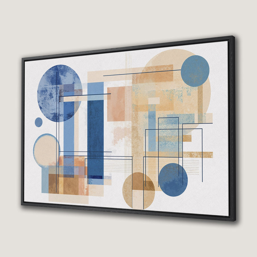 Framed Wall Art: Abstract geometric art print in blue, beige, and brown. Modern style Canvas Print perfect for adding a touch of art to your space.