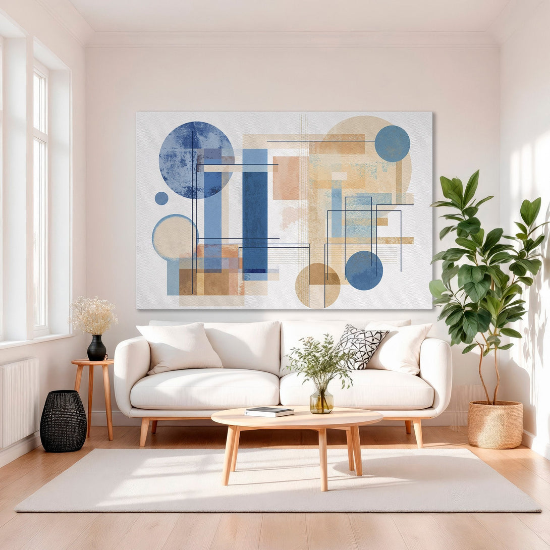 Framed Wall Art: Modern abstract geometric design in blue, peach, and beige. Perfect for living room decor. Shop our Canvas Print collection today!
