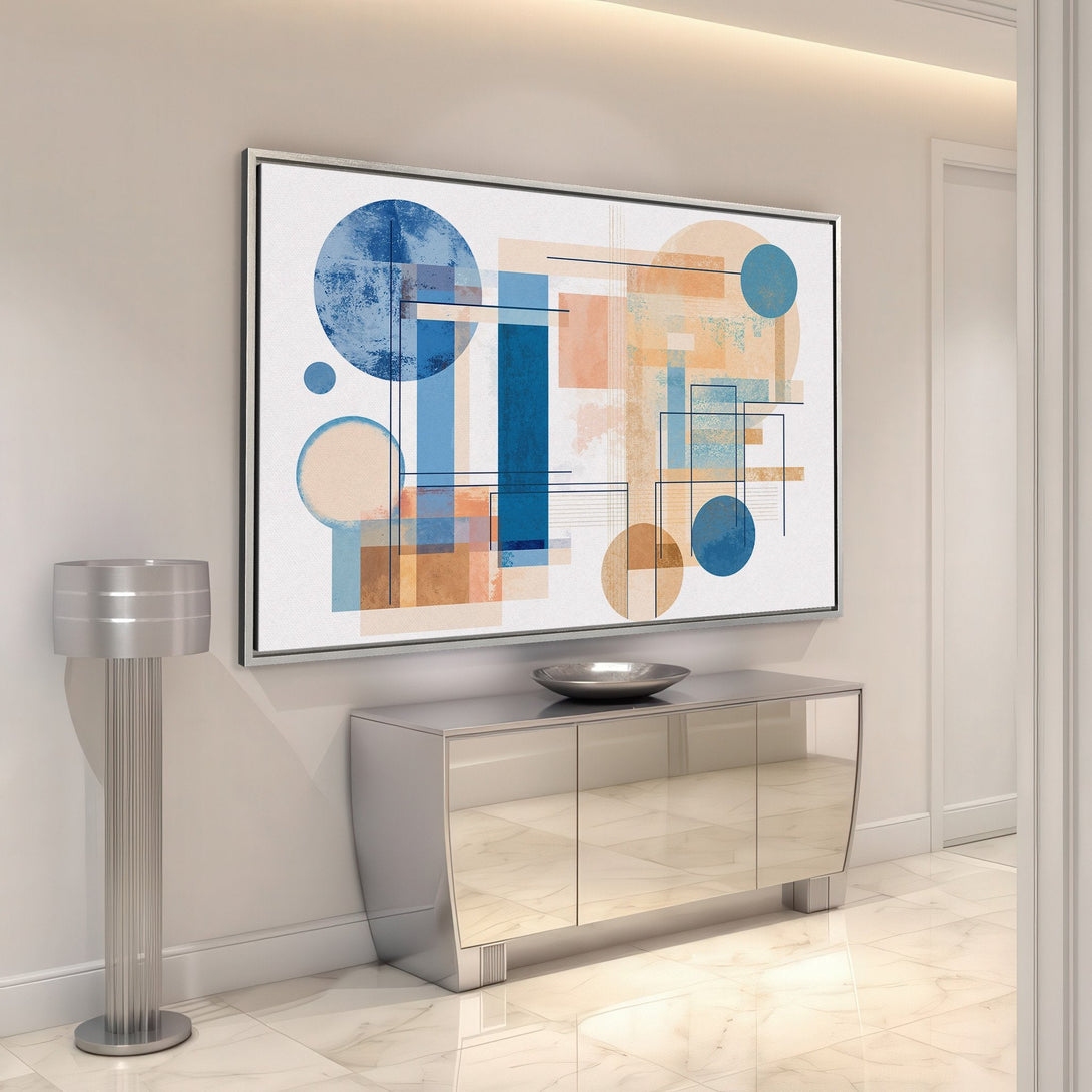 Framed Wall Art featuring an abstract geometric design in blue, beige, and orange hues. Modern art for home decor.