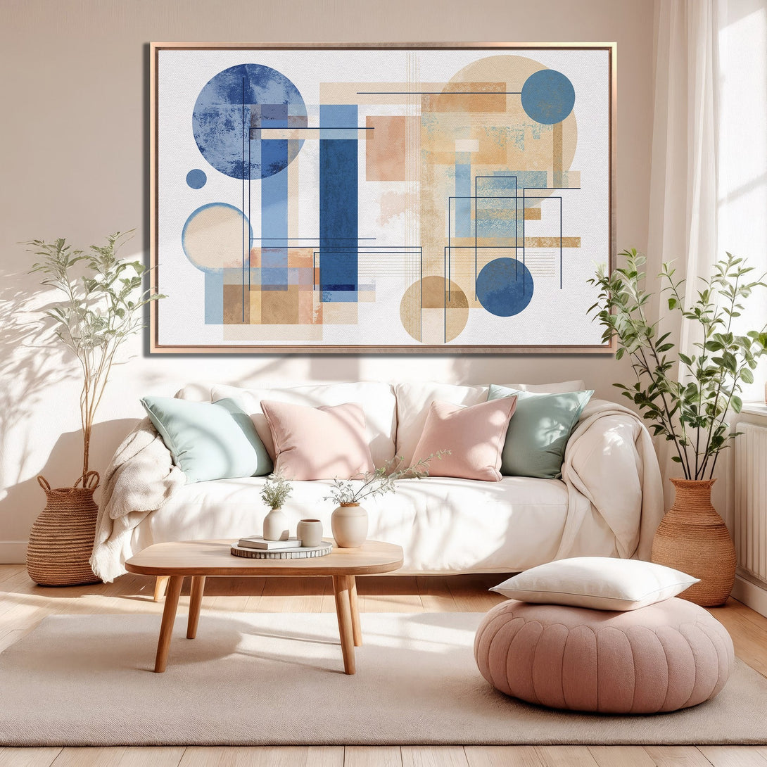 Framed Wall Art featuring abstract geometric art in blue, beige, and peach tones. Modern canvas print perfect for living room decor.