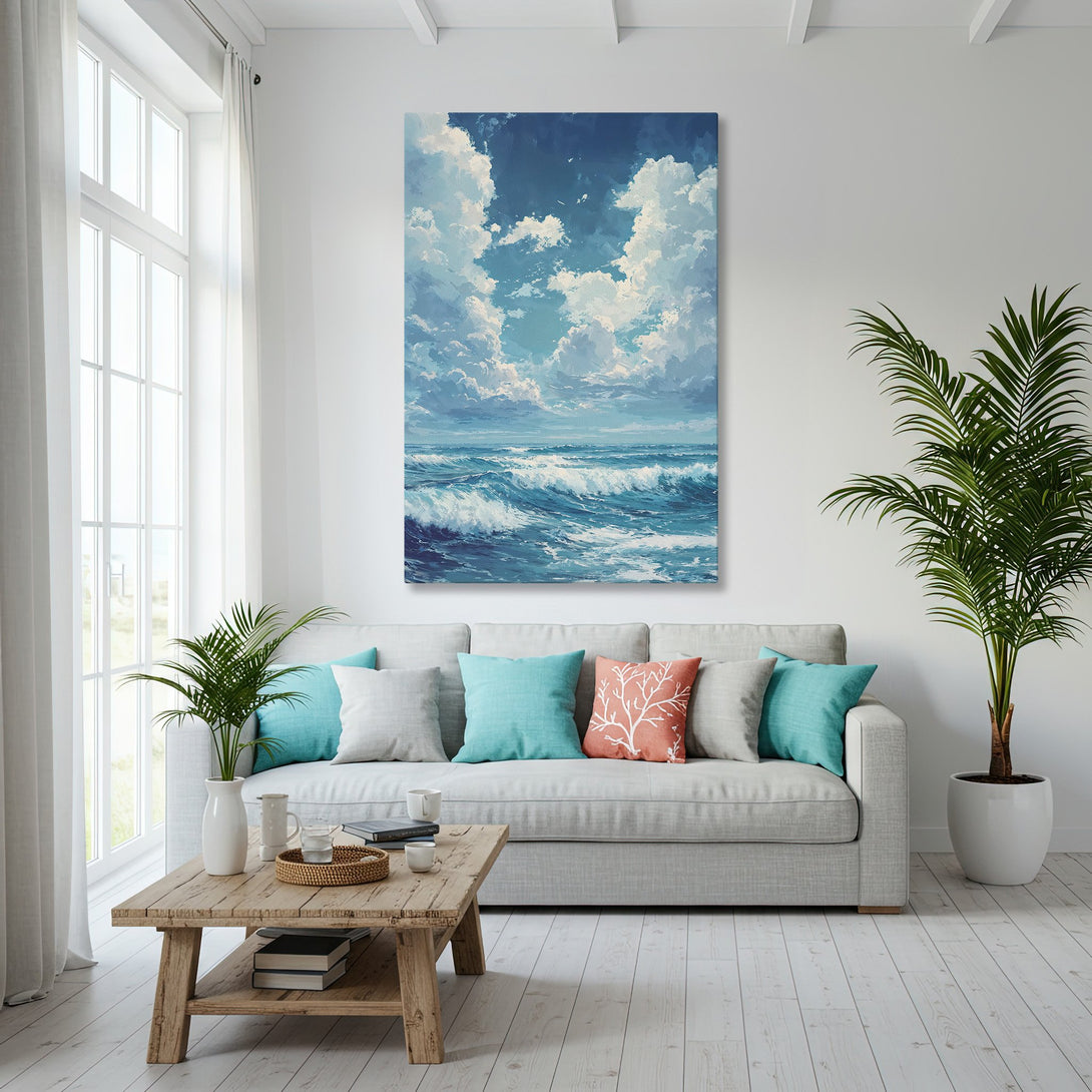 Framed Wall Art: Coastal seascape Canvas Print in blue and white, adding a serene touch to a modern living room.