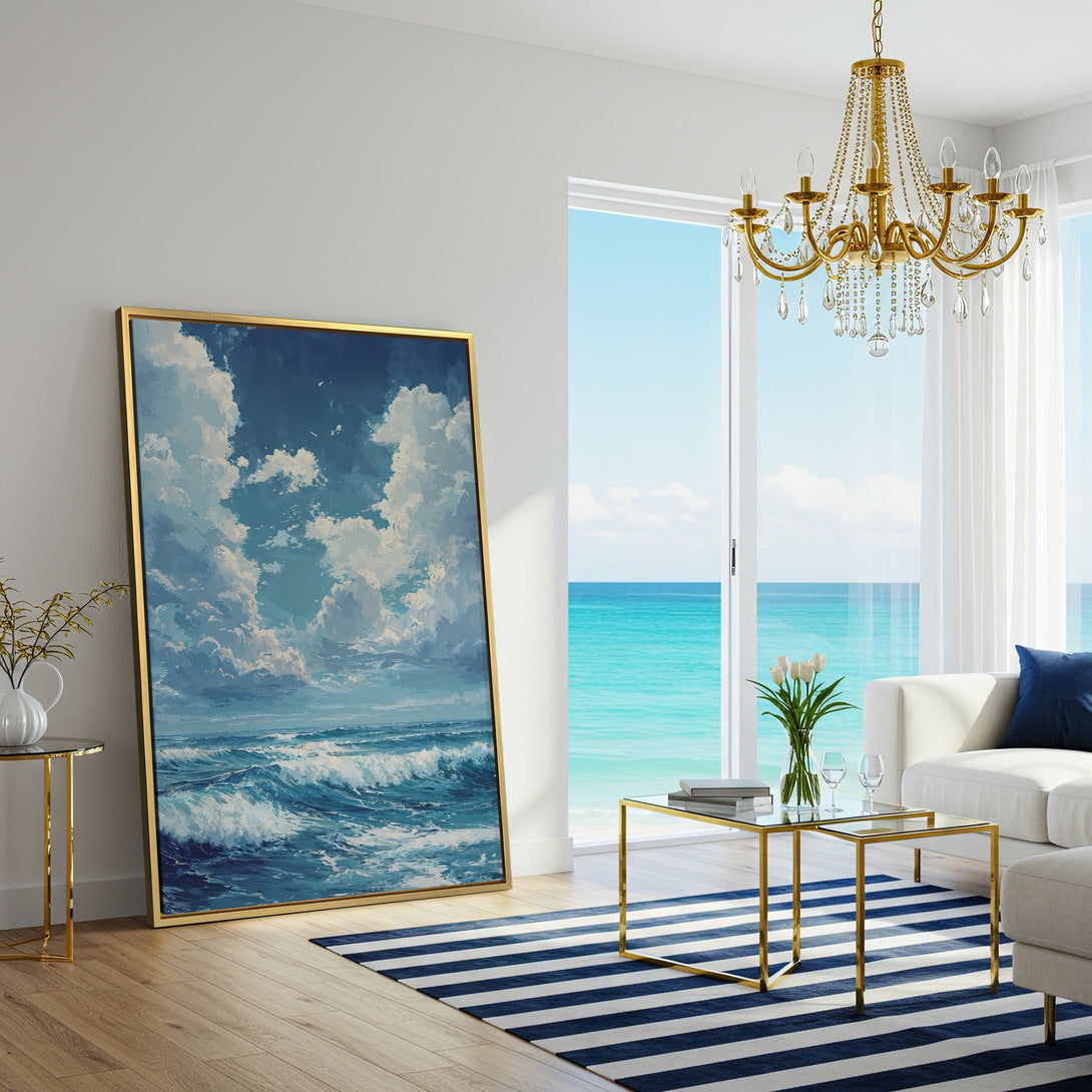 Canvas Print of a serene ocean scene in blue and white, adding coastal vibes to a modern living room.