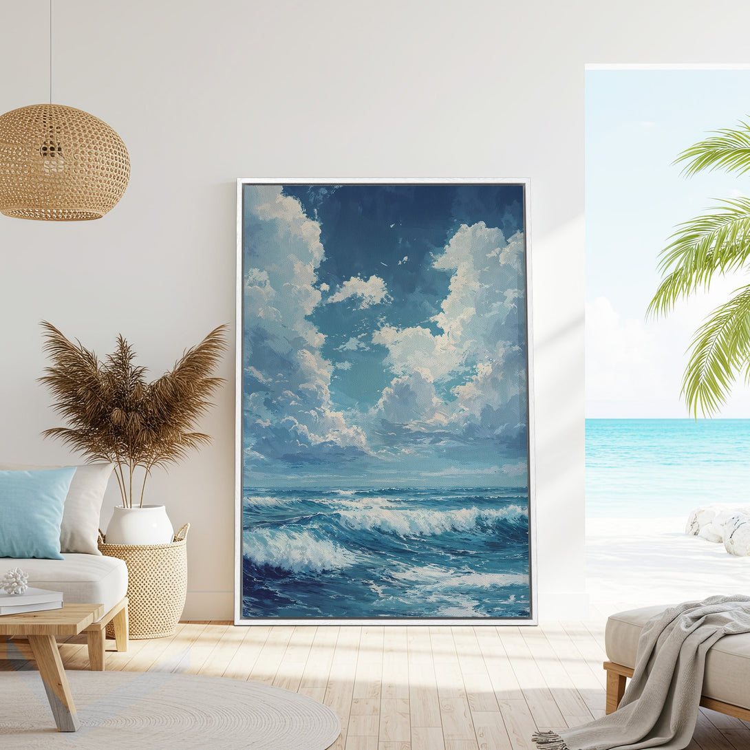 Framed Wall Art: Ocean waves painting in blue and white. Coastal art print for a serene, beach-inspired interior. Bring the ocean home!