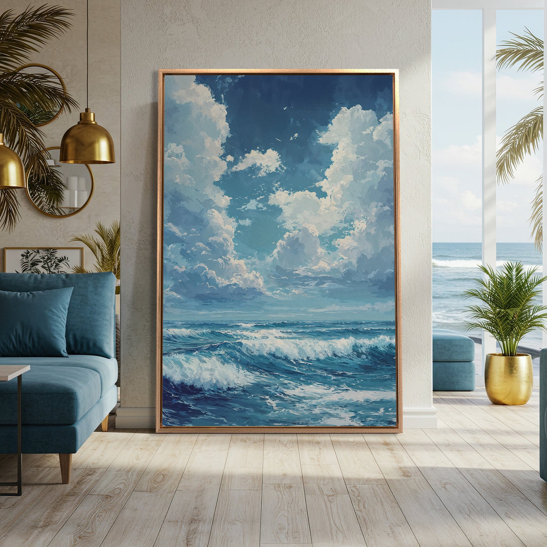 Framed Wall Art: Coastal landscape Canvas Print in blue and white, displayed in a modern interior. Bring the ocean's tranquility to your home!
