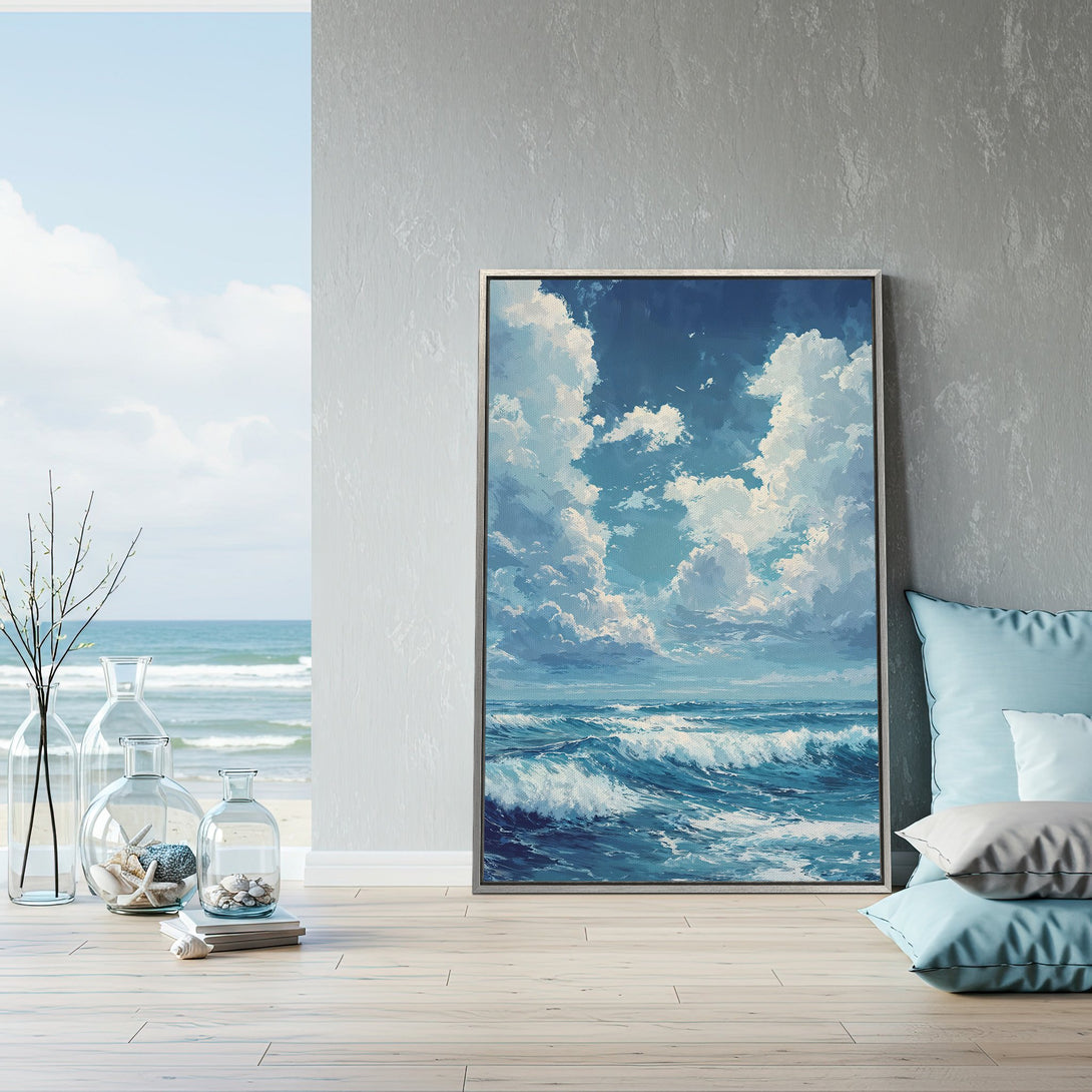 Framed Wall Art of a seascape with a blue and white color palette. Coastal canvas print adds a serene touch to any interior. Perfect for beach house decor!
