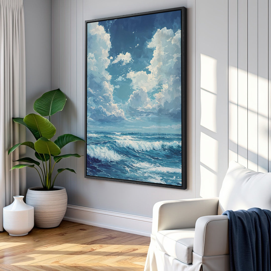 Framed Wall Art: Coastal seascape canvas print with blue and white color palette. Perfect for living room decor. Bring the ocean home!