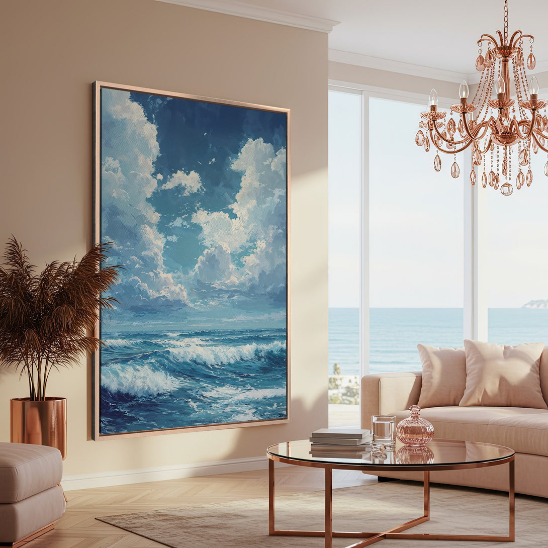 Framed Wall Art featuring a serene ocean scene in blue and white hues. Perfect for coastal decor, this canvas print adds a touch of tranquility to any space.