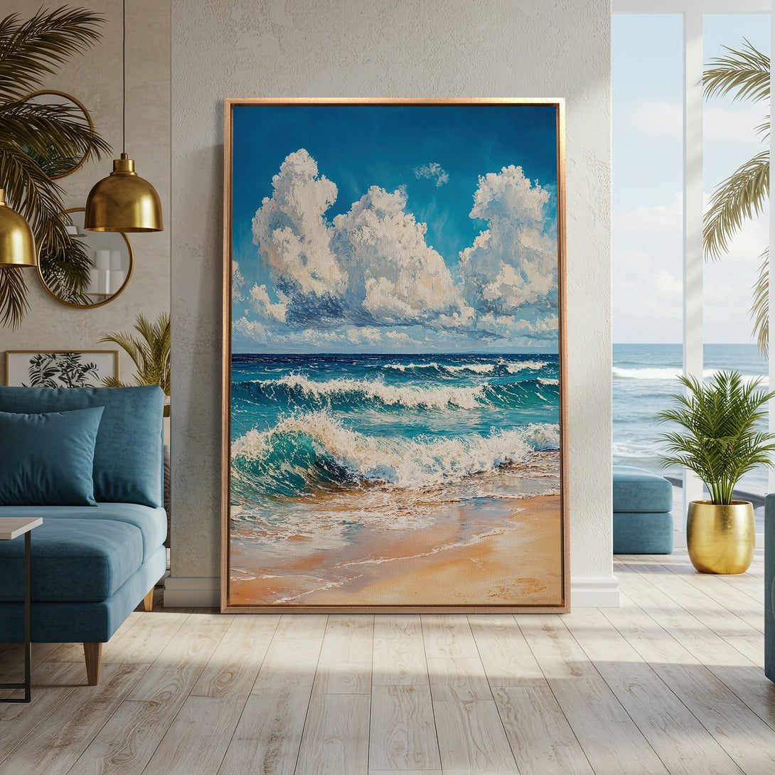 Framed Wall Art: Coastal scene Canvas Print with blue ocean, white clouds, and sandy beach. Impressionistic style with a calming blue and beige color palette.